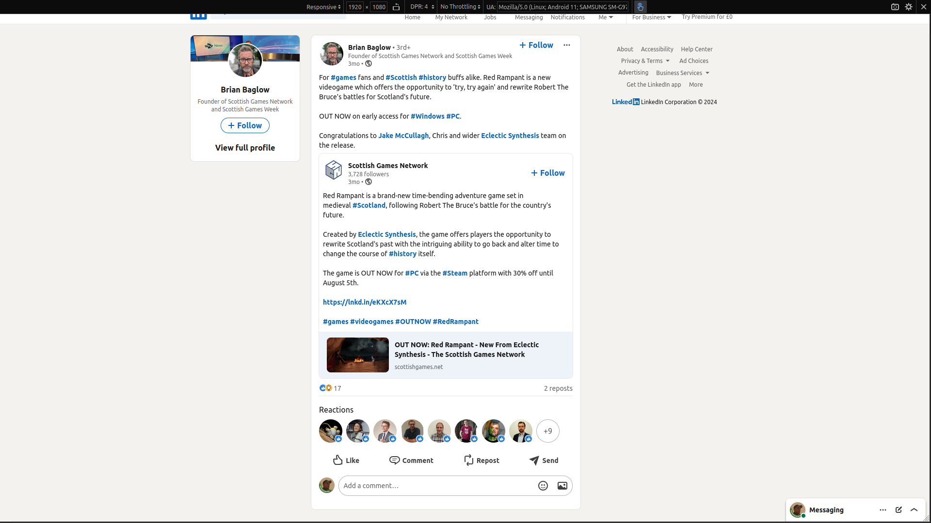 LinkedIn post about Red Rampant game release